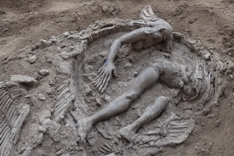 Image similar to Fossilized valkyrie goddess being excavated from the ground. 8k