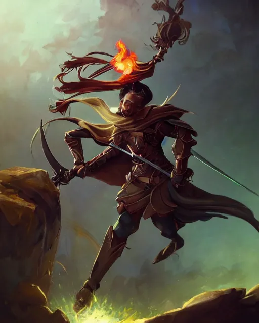 Image similar to action portrait of a magic knight fighting while casting spells with his swords, 4K trending on artstation by peter mohrbacher