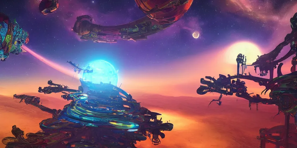 Prompt: a beautiful painting of an elaborate space sci - fi scene painted by bosch and lisa frank, detailed, unreal engine