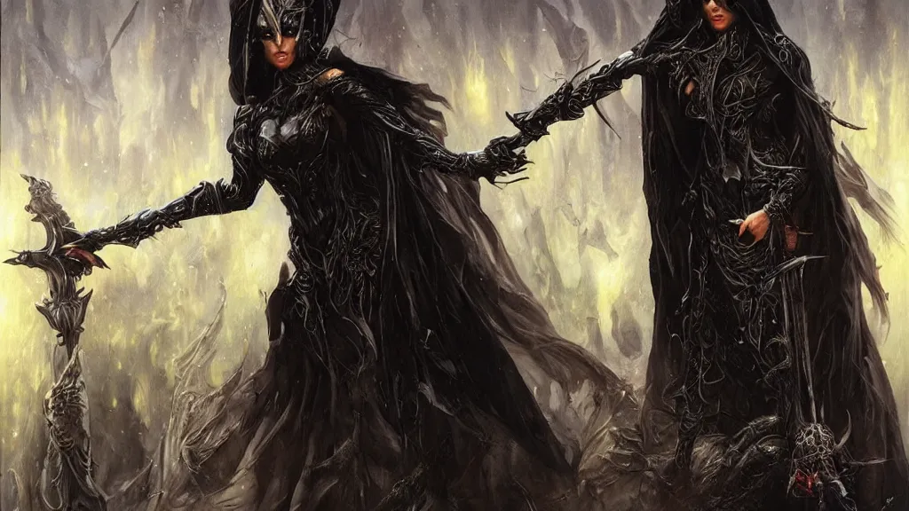 Prompt: dark sorceress on battlefield, black robe, evil eyes, long shot, karol bak