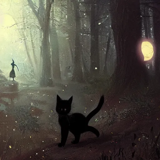 Prompt: little black cat in the fantasy forest, shining in the moonlight, by greg rutkowski
