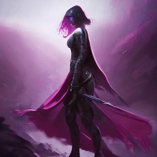 Image similar to masterpiece digital painting of a woman knight, visible face, heavy black obsidian armor, chaotic ruby inlays, large cape, by kev walker and greg rutkowski, atmospheric fog effects background, purple sparkles, artstation, deviantart, full body view, cinematic lights