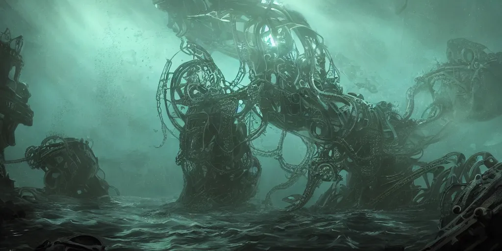 Image similar to A mechanical Lovecraftian Nightmare deep underwater, digital art, trending on artstation