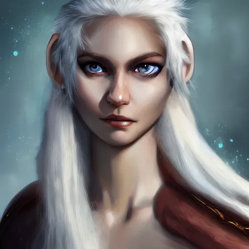 Image similar to fantasy portrait of a female human adventurer with white skin, white hair, white eyes without pupils, slightly - pointed ears, short wavy hair, eyebrow scar, trending on artstation, gentle smile, friendly, glowing, slight angle, warm and welcoming, feywild background