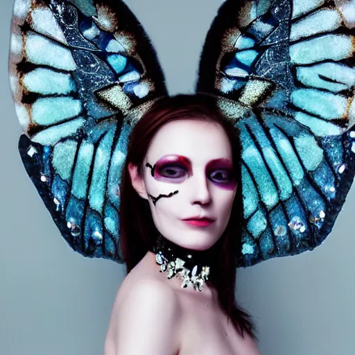 Image similar to a professional photoshoot, skull face pale beauty with crystal firefly wings, a devianart photograph