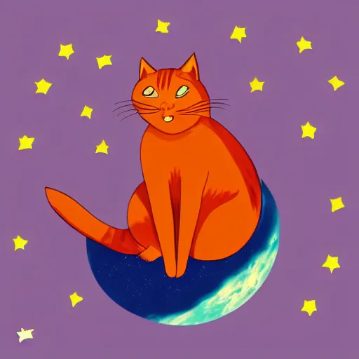 Prompt: A fuzzy orange cat sitting on planet earth, space with stars in the background, trending on artstation, classic disney style