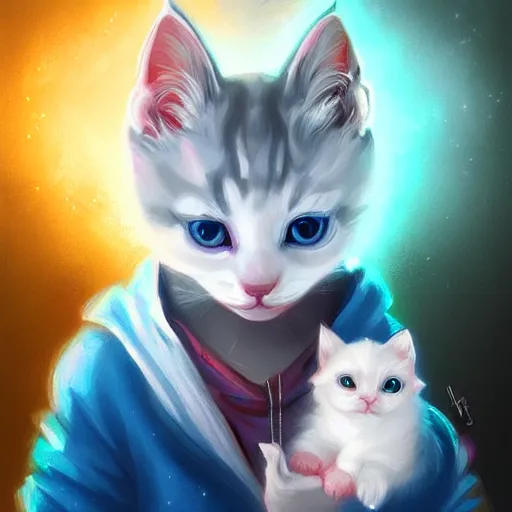 Prompt: colorful and Festive Captivating cute mage white kitten, with a blue hoodie, atmospheric lighting, painted, intricate, highly detailed by Charlie Bowater