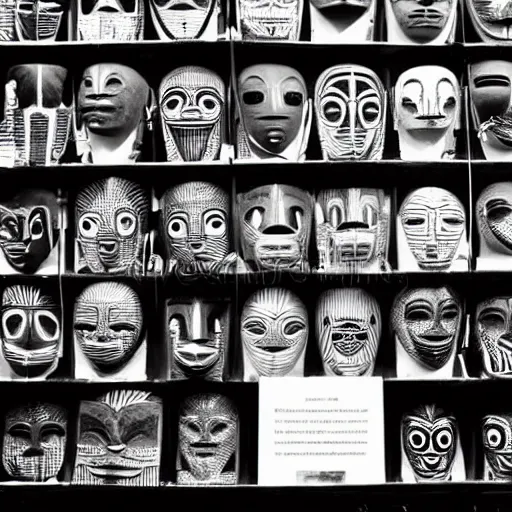 Prompt: A black and white of an exhibition that displays African masks, colonial style, newspaper, African Arts, full page, articl, newspaper, 60s style