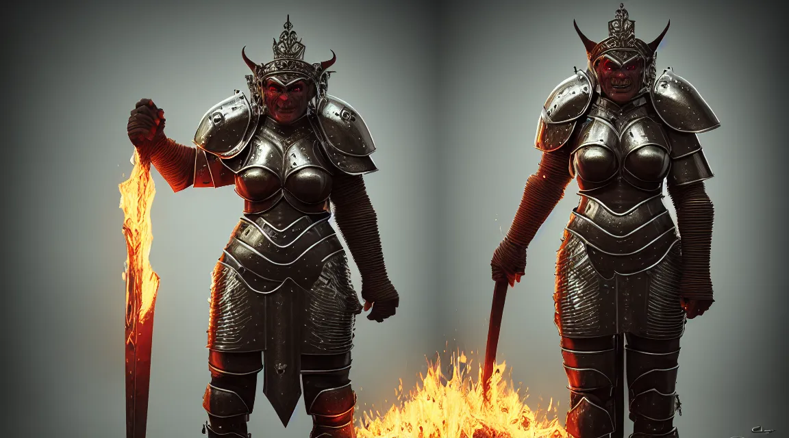 Image similar to epic portrait of female orc in plate armour and crown of fire by cleavanger and elvgren epic awesome gorgeous symmetrical perfect octane vfx maya render realistic