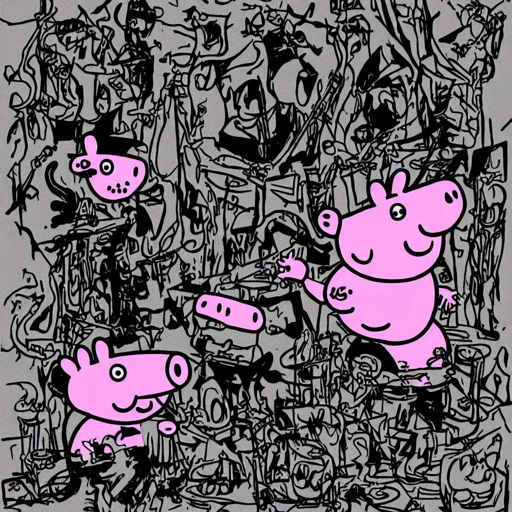 Prompt: Peppa the pig in a black metal band