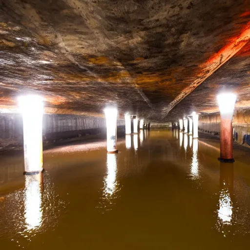 Image similar to underground copper mine, flooded, pipes