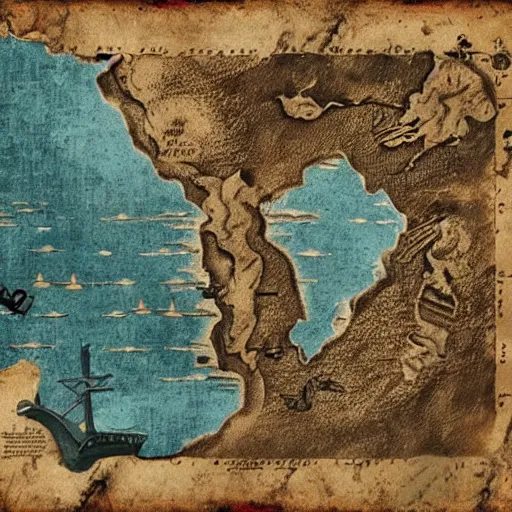 Image similar to old torn treasure map showing the exact spot of the treasure of kong island, pirates treasure map, high detail, high res, hyperrealistic,