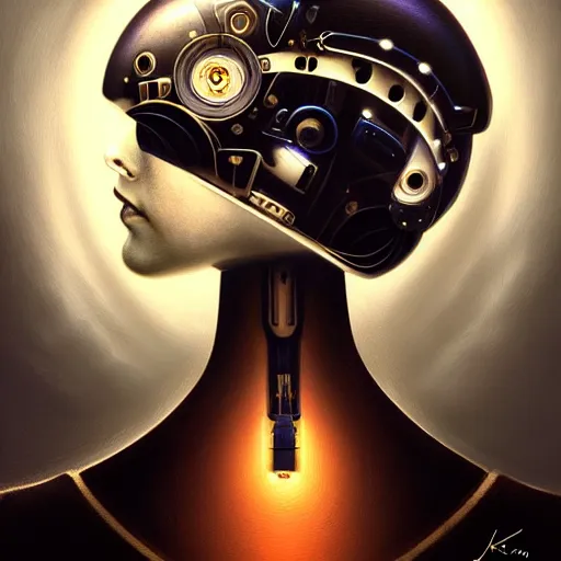 Image similar to portrait of the beautiful young robotic pilot of jets, surreal, fantasy, intricate, mechanical, elegant, dramatic lighting, emotionally evoking symbolic metaphor, highly detailed, gears, lifelike, photorealistic, digital painting, painterly, artstation, concept art, smooth, head in focus, sharp focus, background aerial battle, illustration, art by John Collier and Krenz Cushart and Artem Demura and Alphonse Mucha and Albert Aublet,