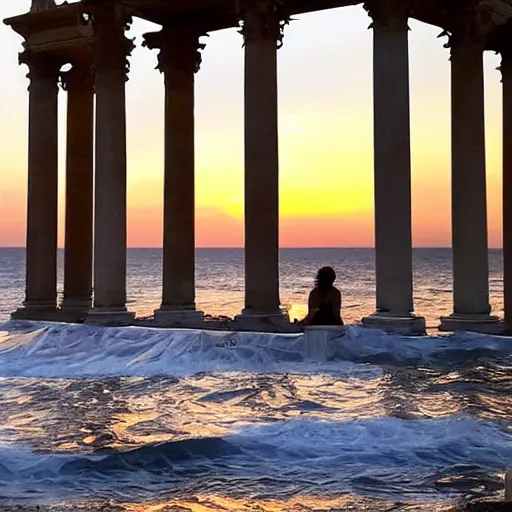 Prompt: A woman wrapped in billowing veils in the sea, under two gilded Roman columns made of human bones, sunset, super photo-realistic