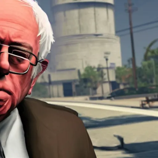 Image similar to Bernie Sanders as a gangster in GTA 5 4k