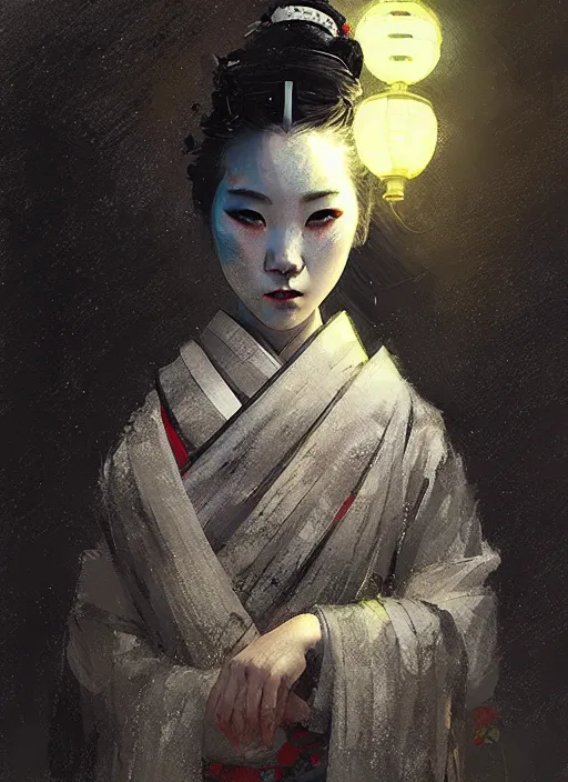 Prompt: female geisha girl, night vision, beautiful face, rule of thirds, intricate outfit, spotlight, by greg rutkowski, by jeremy mann, digital painting