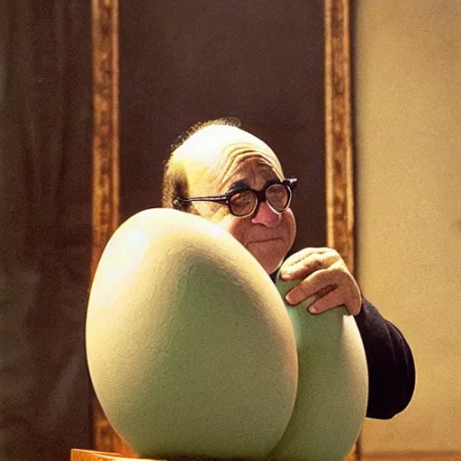 Image similar to danny devito standing next to a chair shaped like an egg, renaissance painting, masterpiece