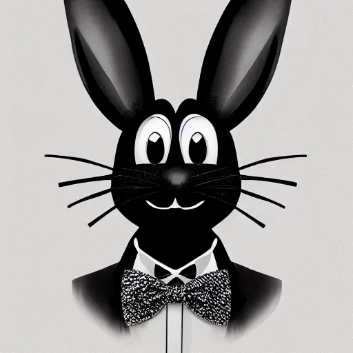 Image similar to A extremely highly detailed majestic hi-res beautiful, highly detailed head and shoulders portrait of a scary terrifying, horrifying, creepy black cartoon rabbit with a bowtie and scary big eyes, earing a shirt laughing, hey buddy, let's be friends, in the style of Walt Disney