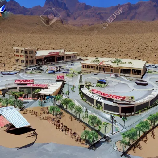 Prompt: A diorama of a shopping center in the middle of the desert