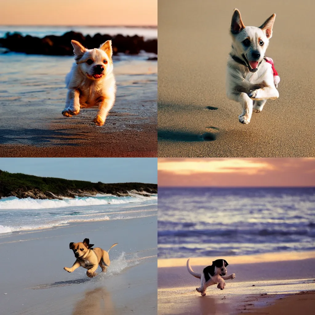 Prompt: puppy running on the beach