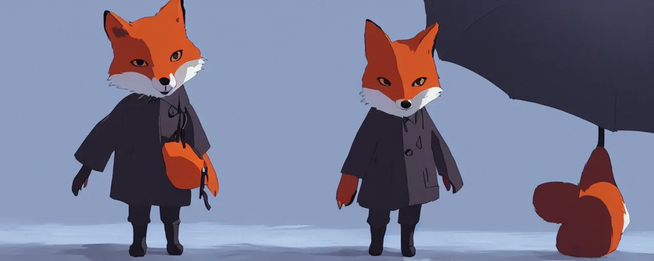 Image similar to a fox wearing a black trench - coat, goro fujita, studio ghibli, rim light, ominous lighting, clear focus, very coherent,