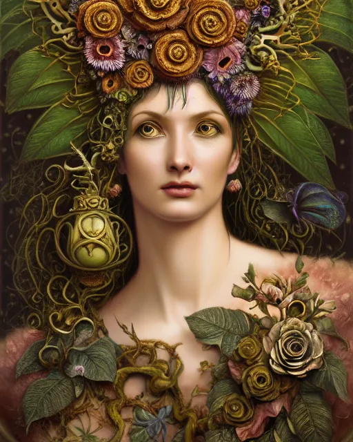 Image similar to portrait of the goddess of flourish and decay, unusual beauty, flowers and plants, emotionally evoking symbolic metaphors, head in focus, fantasy, ornamental, intricate, elegant, sensual, highly detailed digital painting, artstation, concept art, painterly, golden ratio, sharp focus, illustration, art by John William Godward and Boris Vallejo and Zdzisław Beksiński,