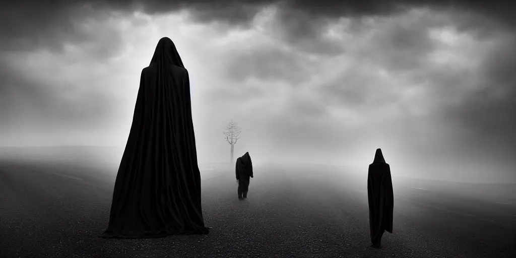 Image similar to center frame gigantic black silk gown skeletal angel of death visiting the Village, walking on the road in housing area, megalophobia, horror, fog, foster, highly detailed, one house, fear, dark inside, dark mammatus cloud,hyper realistic, atmospheric lighting, beksinski, 4k canon 5d mk4,