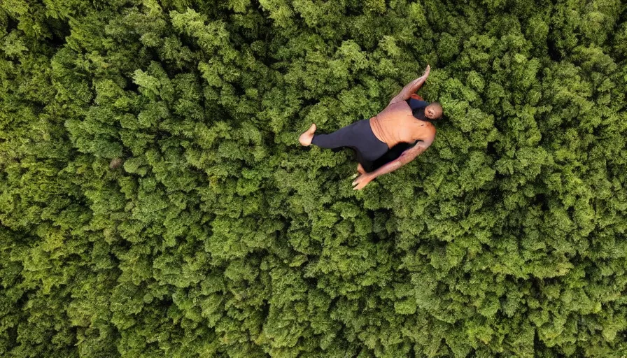 Image similar to lebron james doing yoga in the forest, cnn news footage taken from above.