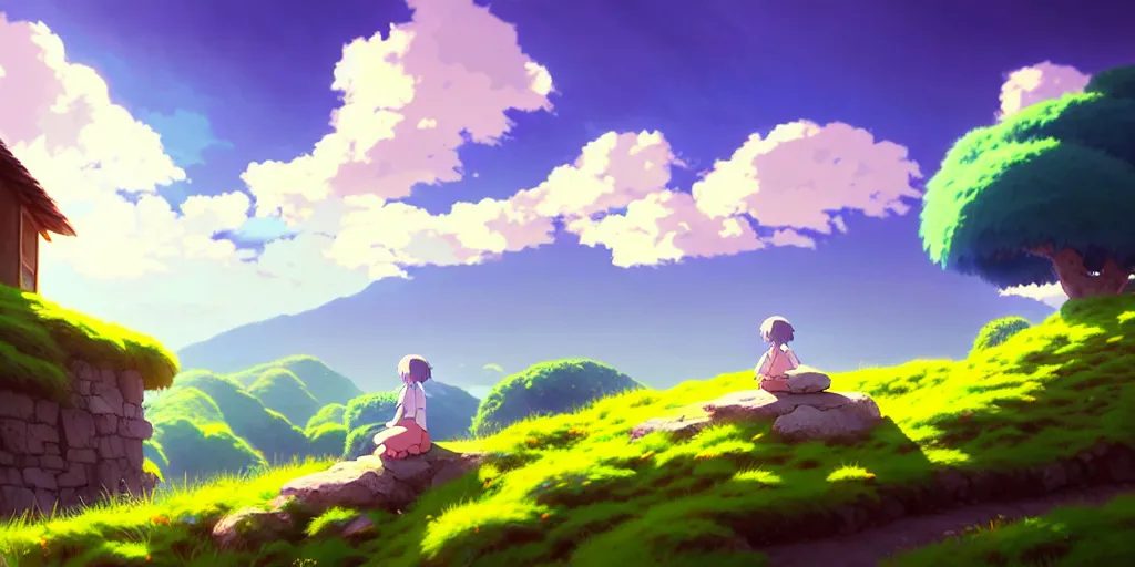 Image similar to the girl and the cat. morning in a small village in the mountains, rocky roads, beautifull puffy clouds. anime, studio ghibli. intricate, elegant, super highly detailed, professional digital painting, artstation, concept art, smooth, Unreal Engine 5, 8k resolution, cinema 4d, 3D, beautiful, cinematic