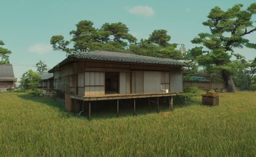 Prompt: Japanese countryside house, Low level, rendered by Beeple, Makoto Shinkai, syd meade, simon stålenhag, digital art, unreal engine, WLOP, trending on artstation, 4K UHD image, octane render