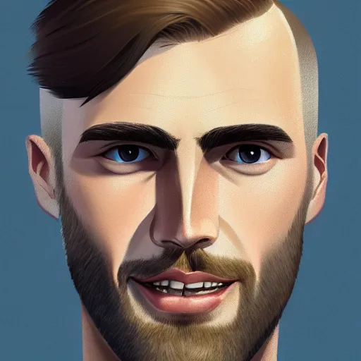 Image similar to tall chunky man in his twenties with brown blond short regular haircut and round facial structure with cleft chin, straight eyebrows, big grey blue eyes, grinning, slightly set back jaw, cheekbones, straight nose, wider face, shadow of beard, atmospheric lighting, painted, intricate, 4 k, highly detailed by charlie bowater