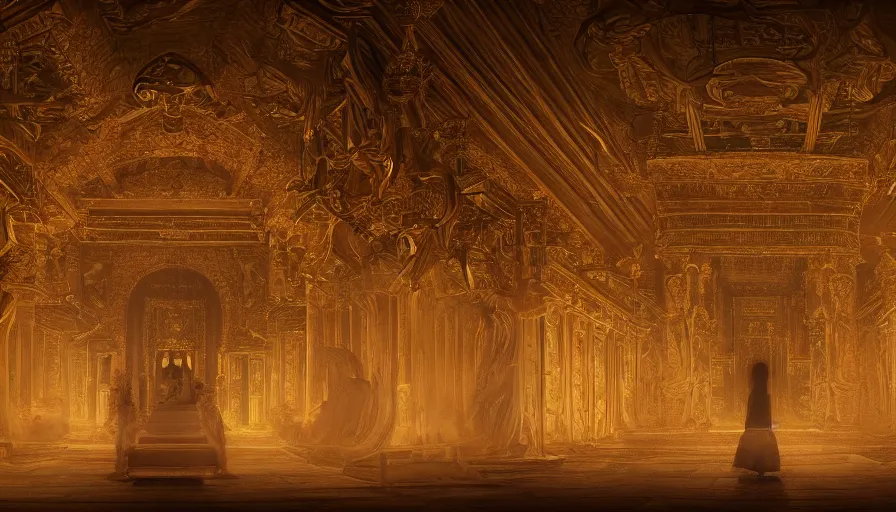 Image similar to An Enigmatic Ritual Performed by hooded figures in a detailed temple with dynamic lights and shadows, Roger Deakins, Cinematic Lighting, highly detailed, 8k