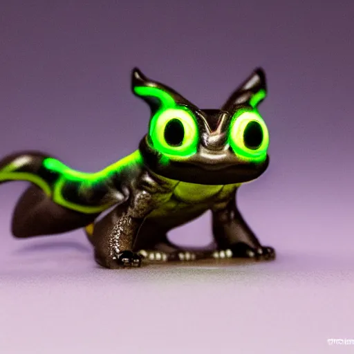 Image similar to realistic miniature of bioluminescent toothless on a studio shot, 1 0 0 mm, hyper realism, detailed, high definition, smooth, sharp focus