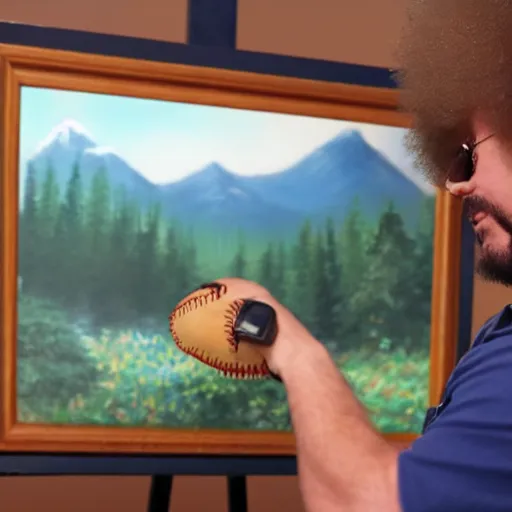 Image similar to a closeup photorealistic photograph of bob ross working on an image of kenny powers autographing a baseball on a canvas. mountains and trees. film still. brightly lit scene. this 4 k hd image is trending on artstation, featured on behance, well - rendered, extra crisp, features intricate detail, epic composition and the style of unreal engine.