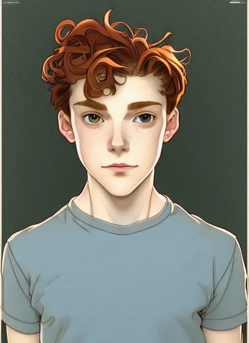 Image similar to art nouveau portrait of a teen boy with completely straight auburn hair, light blue eyes, pale skin, freckles, sad expression, t - shirt, modern casual clothing, natural lighting, path traced, highly detailed, high quality, cartoon, digital painting, by don bluth and ross tran and studio ghibli and alphonse mucha