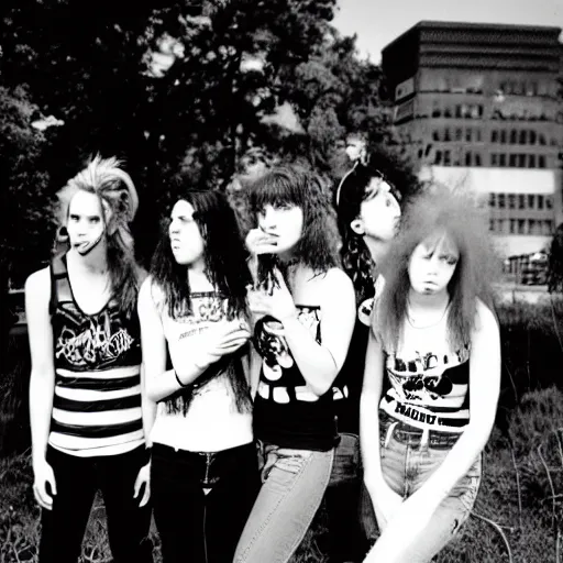 Image similar to Group of 19-year-old women holding electric guitars, shaggy hair, punk rock, riot grrl, hardcore punk, post-hardcore, alternative rock, band promo photo, 1994 photograph