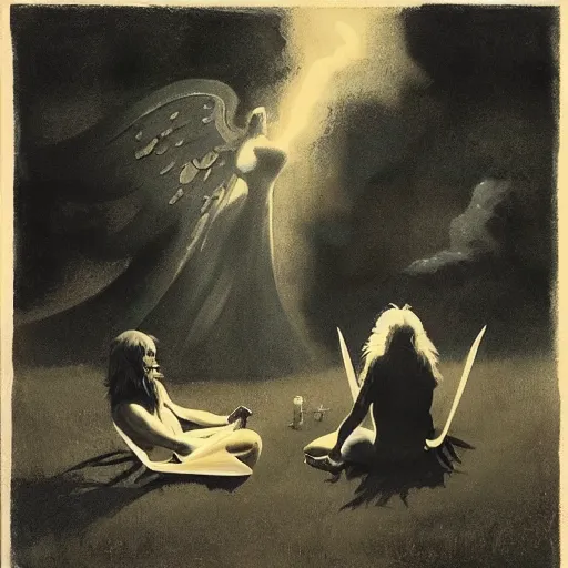 Prompt: an Angel and a demon sitting on lawn chairs having a conversation across from each other in an other wise empty black void. John Harris. Frazetta. Sylvain Sarrailh