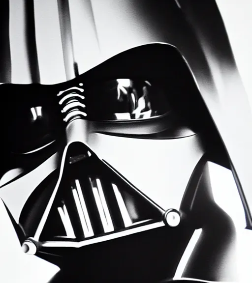 Image similar to black-and-white portrait of Darth Vader by H. R. Giger; extraordinary-masterpiece; realistic-lighting