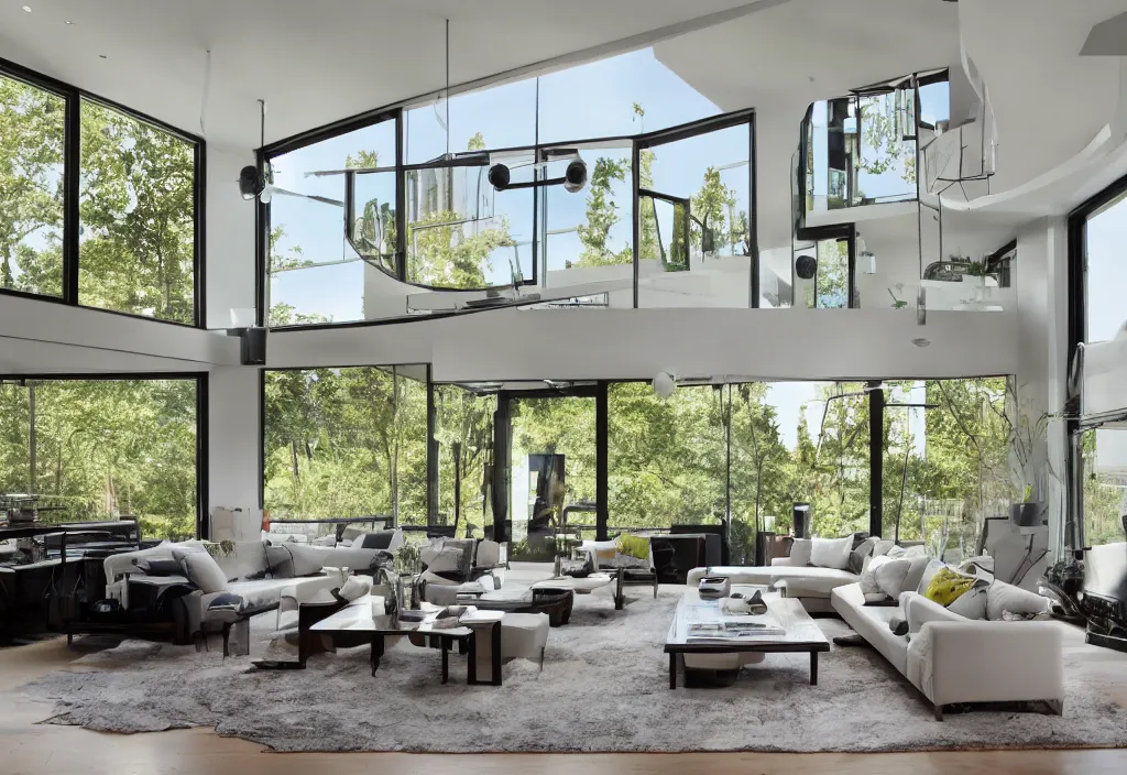 Image similar to a modern interior design, living room, residential design, floor - to - ceiling windows, by bobby berk, trending ，