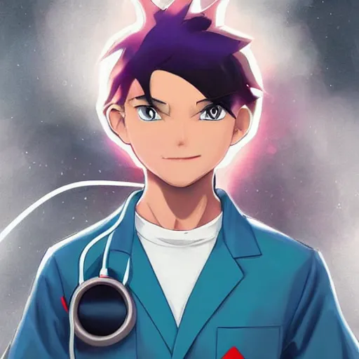Image similar to Gary Oak in his 20s working in a pokemon lab, lab coat, airbrush render, by Ross Tran, Makoto Shinkai