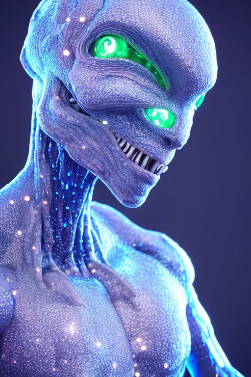 Image similar to skin concept alien, in full growth, mineral crystals instead of skin, magical crystals, smoky crystals, translucent crystals, luminous sparkling crystals, many details, 3 d, cinematic, hyper realism, high detail, octane render