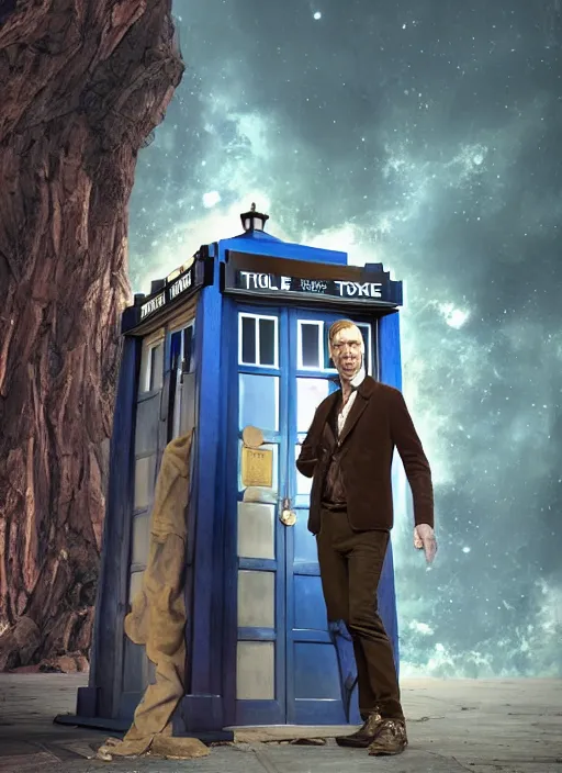 Prompt: still portrait of hugh laurie standing next to the tardis from doctor who, au naturel, hyper detailed, digital art, trending in artstation, cinematic lighting, studio quality, smooth render, unreal engine 5 rendered, octane rendered, art style by klimt and nixeu and ian sprigger and wlop and krenz cushart.