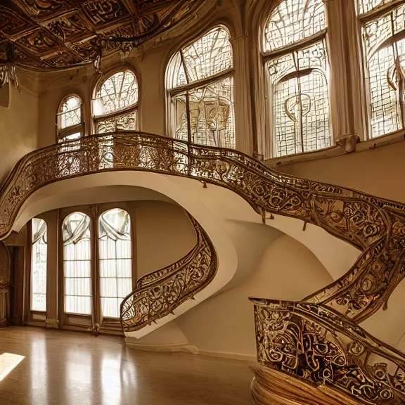 Prompt: photograph of the interior of an art nouveau mansion with curving staircases, detailed, beautiful, god rays, volumetric light