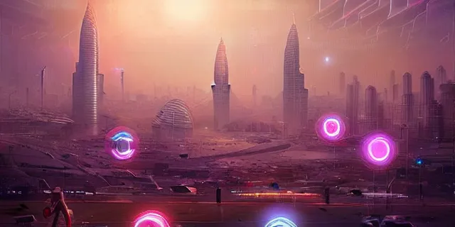 Image similar to a swarm network of glowing futuristic cubes appears in the sky above a cyberpunk dubai city, atmospheric lighting, intricate, volumetric lighting, beautiful, sharp focus, ultra detailed, in the art style of marc simonetti, bowater charlie and brom gerald, astrophotography