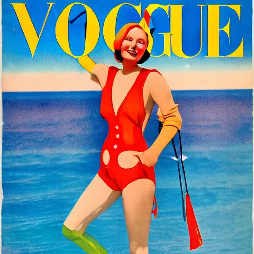 Prompt: a 1 9 2 8 colorful cover of vogue. happy, healthy, beautiful, smiling, sporty, glowing greta garbo in decent swim wear.