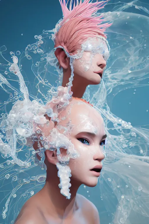 Image similar to an epic puerto rican model, subject made of white melting porcelain, mesh headdress, chrome mask, flowing dress, with cerulean and pastel pink bubbles bursting out, delicate, beautiful, intricate, melting into vulpix, houdini sidefx, by jeremy mann and ilya kuvshinov, jamie hewlett and ayami kojima, bold 3 d