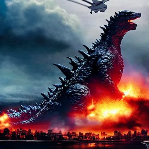 Prompt: photograph of Godzilla destroying a futuristic city, military helicopters in the sky, smoke and destruction, highly detailed, cinematic, photorealistic