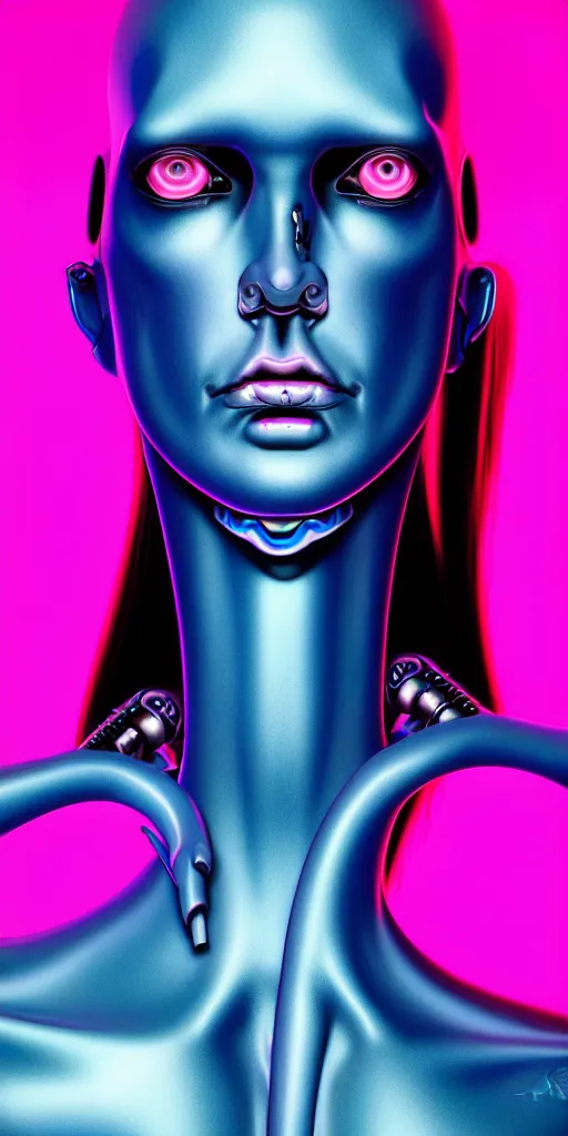 Prompt: hyperrealistic close-up of baroque cyborg woman with black hair and pearlescent pink skin wayne barlowe key sage very soft blue neon lighting on one side wide angle 35mm shallow depth of field 8k