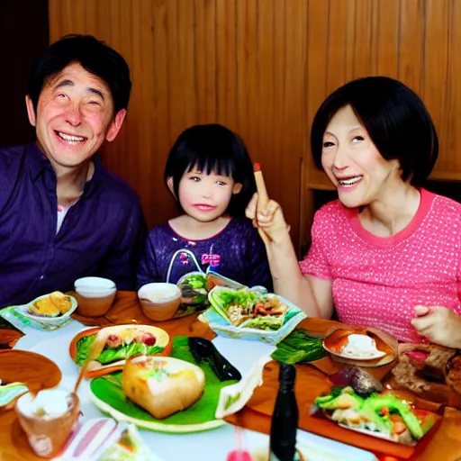 Image similar to photo of a japanese family having dinner with shrek