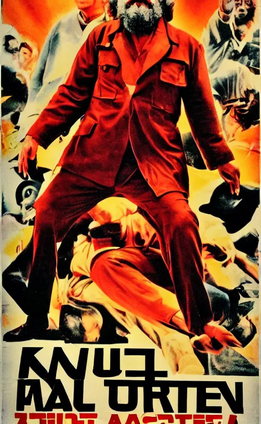 Prompt: full 70s action movie poster with Karl Marx in kung fu pose, movie still 4k, grainy picture cinematic dramatic light